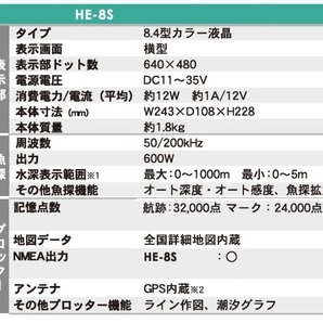 在庫あり HE-8S GPS魚探 600W ヘディング接続可能 振動子 なし HONDEX ホンデックスの画像2