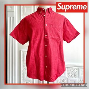 ◆新品未使用◆Supreme Embossed Denim S/S Shirt Red M シュプリーム エンボス デニム 半袖シャツ レッド 赤 刺繍 ボタン トップス 21SS