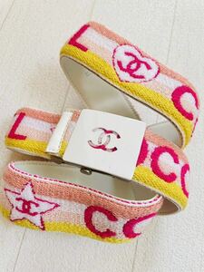 ユニセックス/シャネル（CHANEL）ココマーク/ハート×星マークパイル地ベルト80/32美中古　ピンク×イエロー×ホワイト/レア/フランス製