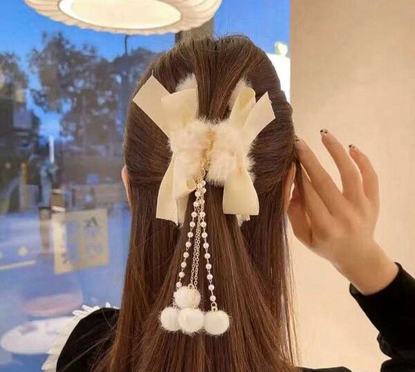 バンスクリップ ヘアクリップ リボン ファー