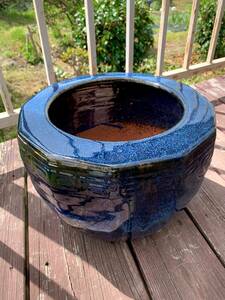 【火鉢】古民具　陶器製　海鼠釉　青　※水漏れなし　