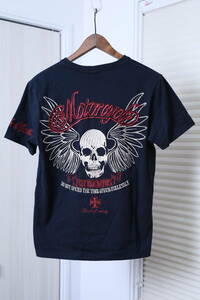 ★LOWBLOW KNUCKLE ローブローナックル 刺繍加工半袖Tシャツ　　古着ユーズド男性メンズ服M黒ブラックトップス中古スカルバイカードクロ