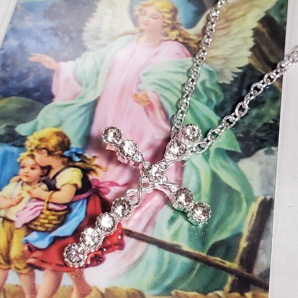 【１点限り・訳ありお買い得】天使の守護カード・キラキラクリスタル十字架ホワイトシルバーネックレス