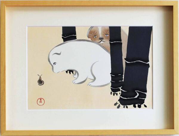 真作保証 額装 神坂雪佳 木版画 #3 狗児 Puppies and a snail 初版 明治 自宅に届いて直ぐに飾れる光悦光琳派の巨匠の作品を是非!!