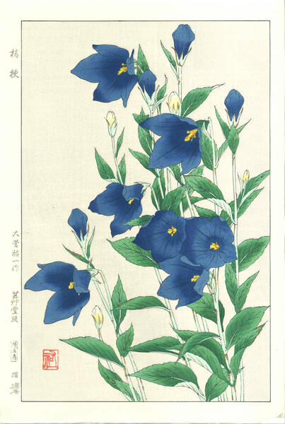 真作保証　大菅祐一 　木版画　#179 桔梗 Bell-flower　　初版昭和中期～　　 京都らしい花版画の美をご自宅でお楽しみください。