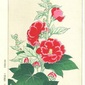 真作保証　河原崎奨堂 木版画 　#80 立葵 Hollyhock 　花版画　　初版昭和中期～ 京都らしい花版画の美をご自宅でお楽しみください。