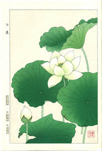 真作保証　河原崎奨堂 木版画 　#58 白蓮　Lotus 　花版画　　初版昭和中期～ 京都らしい花版画の美をご自宅でお楽しみください。