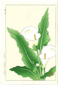 真作保証　河原崎奨堂 木版画 　#138 カイウ Calla lily 　花版画　　初版昭和中期～ 京都らしい花版画の美をご自宅でお楽しみください。