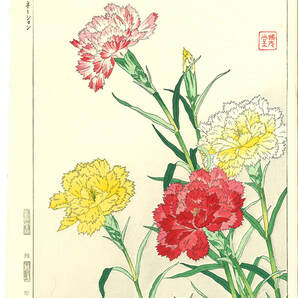 真作保証 河原崎奨堂 木版画 #110 カーネーション carnation 花版画　 初版昭和中期～ 京都らしい花版画の美をご自宅でお楽しみください。