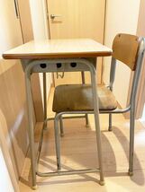 ③ 学校机　学校机椅子セット　木製机 学習机 ヴィンテージ アンティーク LION レトロ_画像2