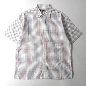ダックス DAKS コットン100% ロゴ刺繍 グラフチェック柄ショートスリーブシャツ ポケット付 L ホワイト 日本製 m0417-10