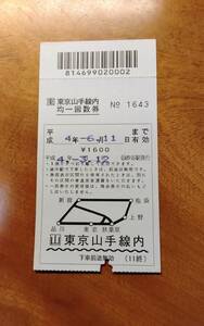JR 東日本　山手線内均一回数券　最終券