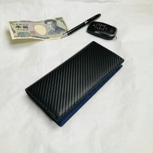 【田中革具】訳あり 黒×青　ハンドメイド カーボンレザー 二つ折り財布 ウォレット コインケース 牛革 レザー メンズ財布 長財布 ビジネス