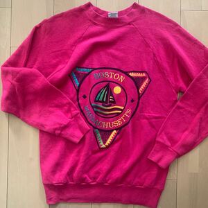 90s【Signal】シグナル Mega-Fleece ラグランスウェット Boston Massachusetts USA製 ピンク 裏起毛