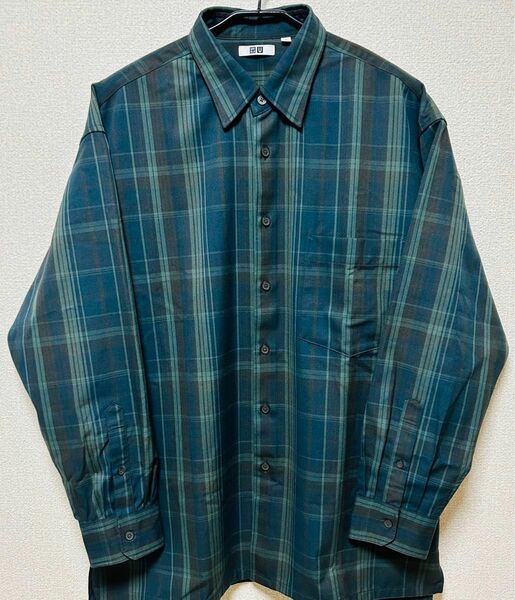 【UNIQLO】フランネルオーバーサイズチェックシャツ (XL/68ブルー)
