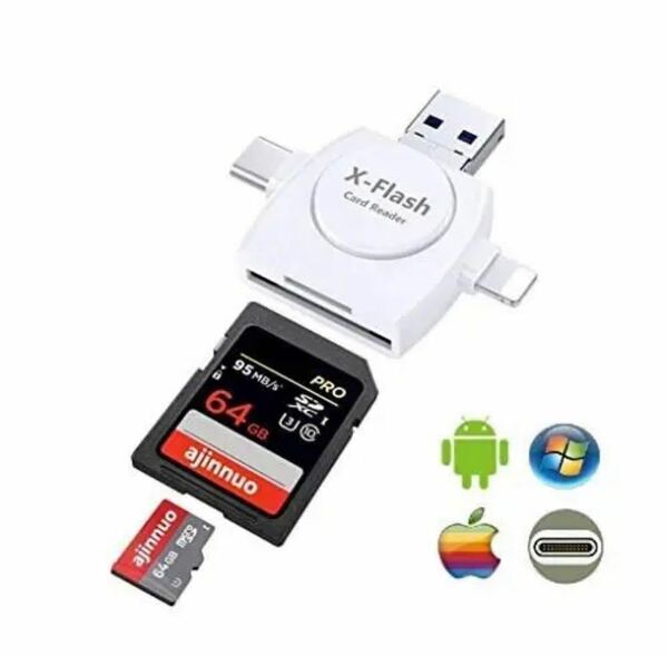 SDカードリーダー 4in1外付メモリーカードリーダー iPhone Android Type-C USB 全対応 SKU115