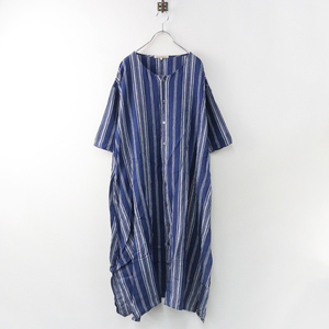 ヴラスブラム Vlas Blomme Linen Stripe ワンヒース F/ネイビー リネン ストライプ ワイド 麻【2400013827676】