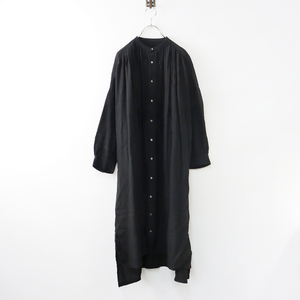 美品 定価2.8万 2023SS ネストローブ nest Robe リネン近江晒 バンドカラーシャツワンピース F/ブラック 麻 ギャザー 【2400013856539】