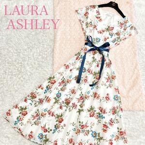 極美品 LAURA ASHLEY ローラアシュレイ ロングワンピース Aライン フレア 花柄 総柄 13号 XL 大きいサイズ