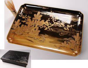 M648/ Edo Meiji finest quality era lacqering black paint . tray pine bamboo plum height ... cut gold pear ground small . gold lacqering tree in box 32.1cm length person tray pair attaching / wooden lacquer ware tea utensils . pcs ..