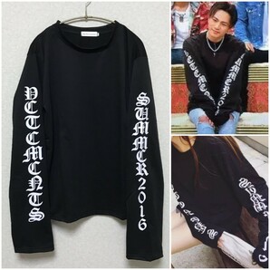 残りわずか　新品　コットン素材　英字　袖ロゴ ロングTシャツ　長袖　オーバーサイズ　男女兼用　黒　大人気　即購入OK　【値下げ不可】