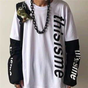 ラスト５点　新品 重ね着風 レイヤード 袖ロゴ 英字 ロングTシャツ 長袖 配色 白 黒 オーバーサイズ 　thisisme　即購入OK　【値下げ不可】