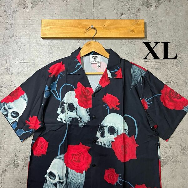 ●新品未使用　柄シャツ　総柄　アロハ　スカル　ドクロ　花柄　黒　ブラック　XL オープンカラー 半袖
