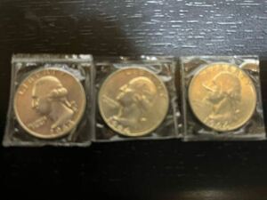 アメリカ　1964年 クォータードル銀貨　　25セント銀貨　　ワシントン　　3枚セット　　銀貨