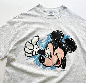 1ウォッシュ! 90s USA製 Disney ディズニー ミッキー ハンドサイン ビンテージ Tシャツ L グレー 90年代 アメリカ製 HANES BEEFY