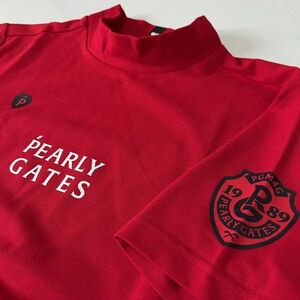 【新品・正規品】PEARLY GATES パーリーゲイツ メンズ 半袖モックネックシャツ ＜胸メゾンロゴ柄＞ RD≪サイズ4≫