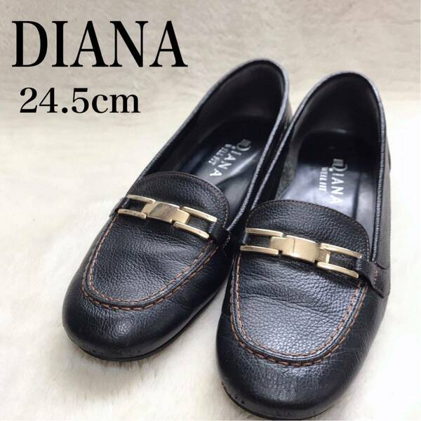 美品 大きめ DIANA レザー ローファー シューズ 革靴 ゴールド 金具 黒