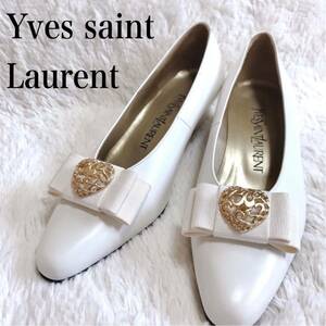 未使用 Yves saint Laurent レザー パンプス ゴールド 金具 リボン イヴサンローラン