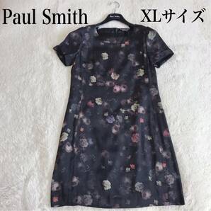 美品 大きいサイズ Paul Smith 花柄 薄手 ワンピース 半袖 ブラック ポールスミス