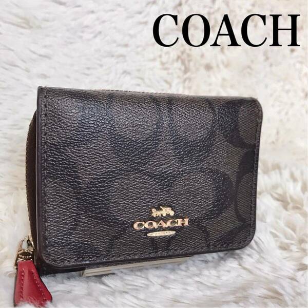 美品 COACH コーチ シグネチャー コンパクトウォレット 三つ折り財布