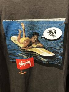 1円 ★ ヴィンテージ 古着 STUSSY ステューシー 90年代 ★ 90's ★ chilln out グラフィック L/S Tシャツ 紺タグ サイズM グレー　FK