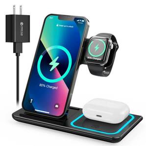 ワイヤレス充電器 3in1 急速充電15W/10W/7.5W 同時にiPhone/Apple Watch/Airpod対応(日本語説明書,18WQC3.0アダプター付属）ブラックの画像1