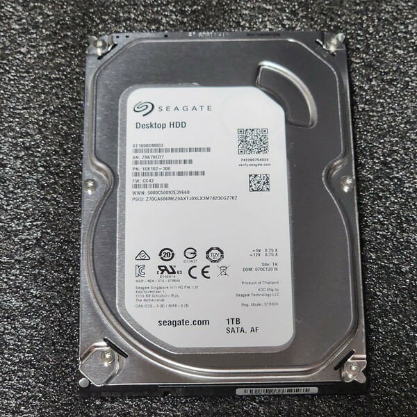 【送料無料】SEAGATE DESKTOP ST1000DM003-1SB102 1TB 3.5インチ内蔵HDD 2016年製 フォーマット済み 正常品 PCパーツ 動作確認済