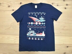 ドット絵 8bit 宇宙柄 プリント Tシャツ sizeL 紺 ネイビー スペースシャトル 太陽系 惑星 雪だるま スノーマン アメリカ USA古着 GILDAN