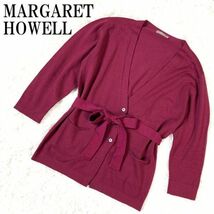 MARGARET HOWELL ニットカーディガン ピンクマーガレットハウエル リボンベルト付き 7分袖 ウール100％ B5744_画像1