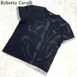 ロベルトカヴッリコットン100％半袖プリントTシャツブラックRoberto Cavalli カジュアル バックプリント無 50 B5978