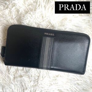 美品 入手困難 / PRADA プラダ サフィアーノストライプジップアラウンドウォレット 長財布 レザー ブラック 2ML317