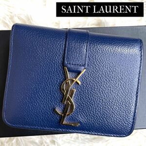 極美品 付属品完備 / YSL サンローラン YSLラインラージジップウォレット 二つ折り財布 ブルー 670285