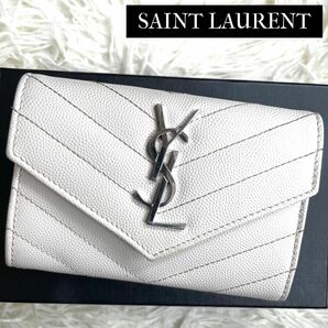 未使用級 付属品完備 / YSL サンローラン スモールエンベロープウォレット 二つ折り財布 グレーホワイト 414404