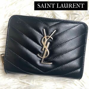 YSL サンローラン カサンドラマトラッセコンパクトウォレット 二つ折り財布 キャビアスキン Vステッチ ブラック 403723