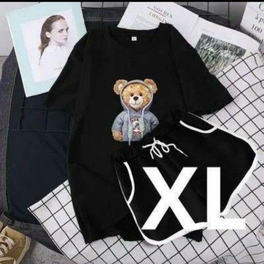 新品 XL クマ ルームウェア 半袖 ライン ショートパンツ 半パン 黒