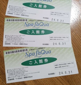 東京ドーム天然温泉 スパラクーア 入館券　2枚　有効期限は 2024.8.31