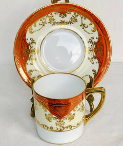 1910 period Old Noritake maru ki seal gold paint hand paint Gold flower pattern small cup and saucer 