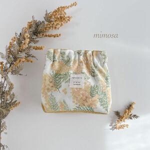 ハンドメイド　ミモザ柄　mimosa 　三角マチのバネポーチ　バネ口12cm