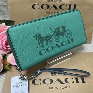 コーチ COACH 長財布 財布 ホースアンドキャリッジ 馬車 アコーディオンラウンドファスナー プレゼント 贈り物 ギフト グリーン 新品 