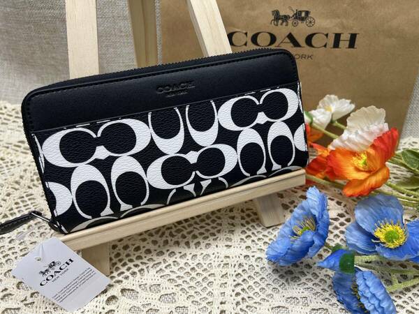 コーチ COACH 長財布 財布 アコーディオン ウォレット シグネチャー キャンバス 白黒 メンズ 財布 ラウンドジップ 新品 CP230 A338